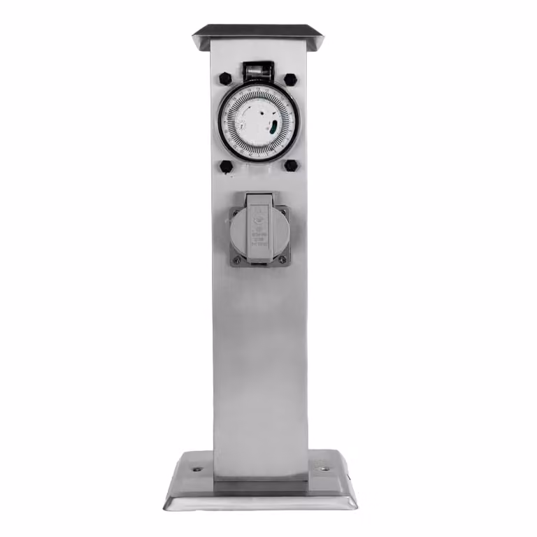 Grafner presa di corrente da giardino in acciaio inox con timer 2 prese, argento, piccola e stretta, timer a colonna di energia presa di corrente multipla in metallo per esterni 2 volte