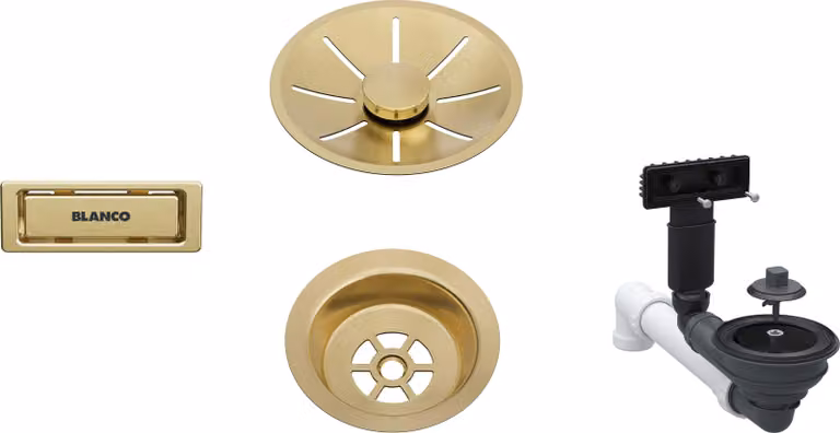Set di accessori per scarico in Vetroceramica bianca, modello 1x3,5'' oAfb InFino SGO, finitura oro satinato, azionamento manuale, codice prodotto 207423