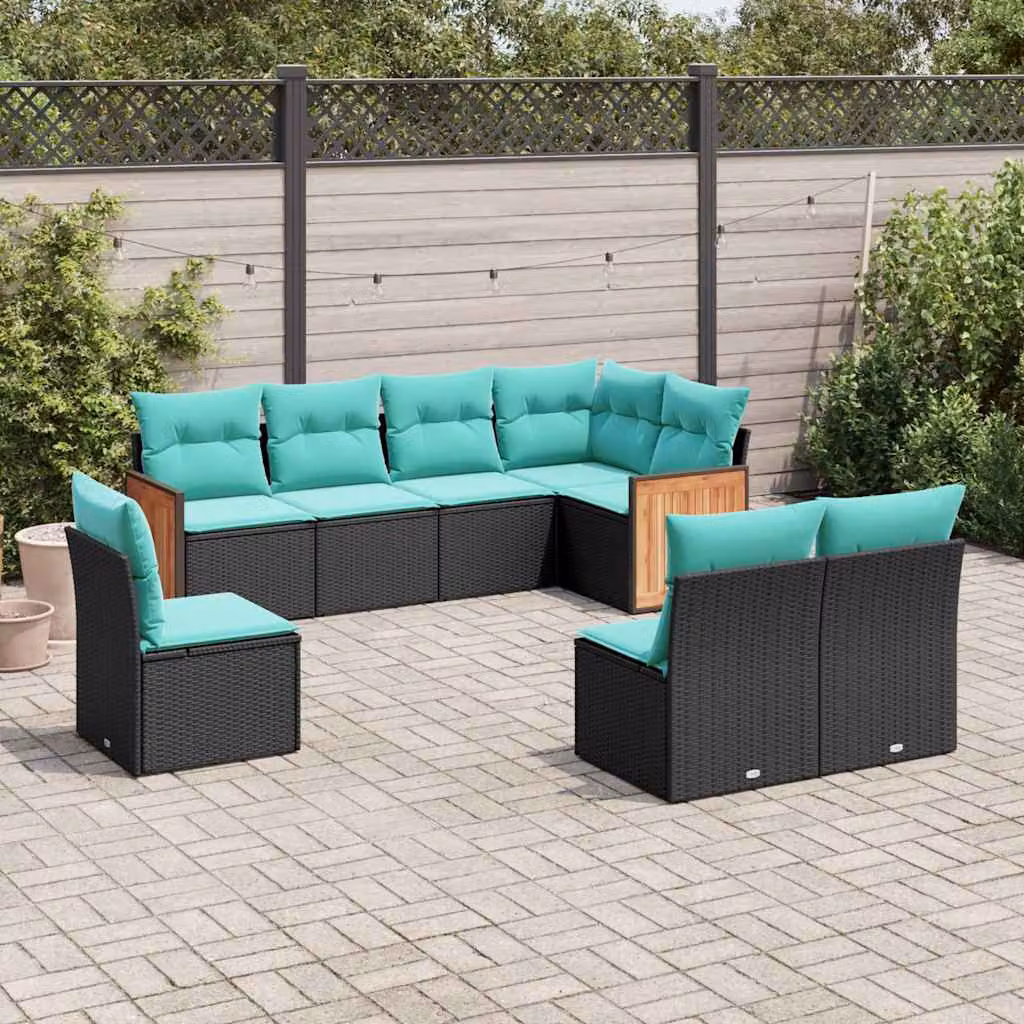 Set di divani da giardino vidaXL a forma di U composto da 8 pezzi in polyrattan con cuscini inclusi, colore nero, blu o turchese