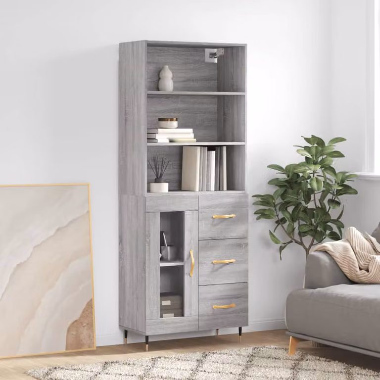 Credenza stile industrial vidaXL in legno, metallo e vetro, colore grigio, L: 69,5 cm, P: 34 cm, H: 180 cm
