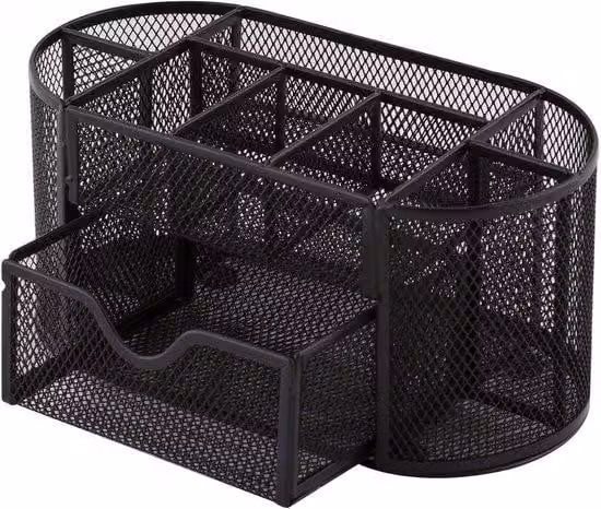 Organizer da scrivania in metallo con supporto per lavagnetta e rete a maglie, ripiano con supporto per metro a nastro, 350 x 297 x 275 mm, nero