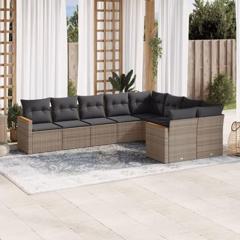 vidaXL Set Divano da Giardino 9 pz a Forma a L con Cuscini Grigio in Polyrattan e Struttura in Acciaio