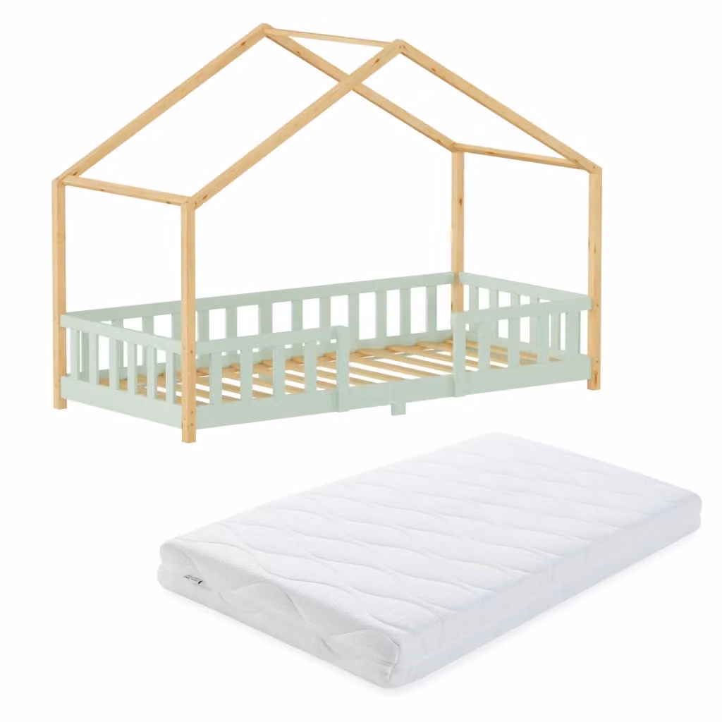 Letto per cameretta Treviolo a forma di casetta in stile Montessori con materasso en.casa, Verde Menta e Beige, L/P/H: 200 x 90 x 138 cm – 2