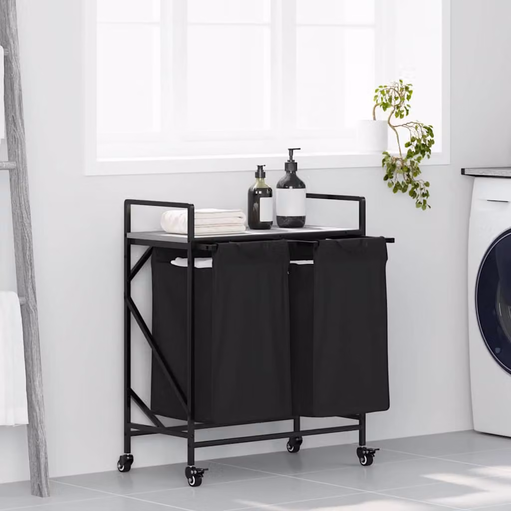 vidaXL Cesto della Biancheria a 2 Scomparti con Ruote Grigio e Nero L: 82 cm, P: 67 cm, H: 33 cm