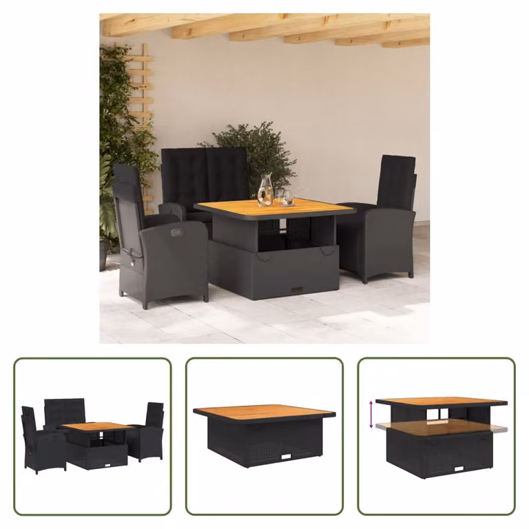 The Living Store Set da pranzo da giardino 4 pezzi con cuscini in poly rattan nero