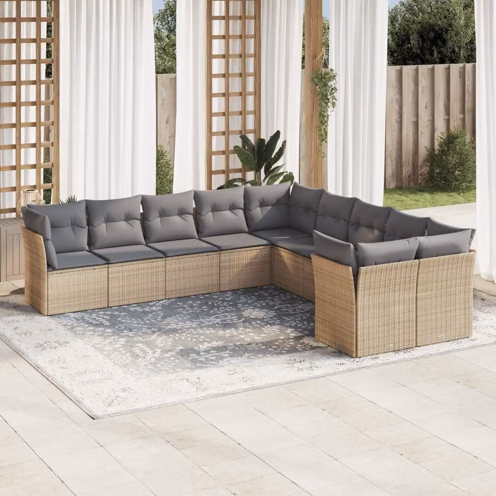 vidaXL Set Divano da Giardino 10 pz in Polyrattan e Metallo con Cuscini Beige e Grigio Resistenti ai Raggi UV – 1