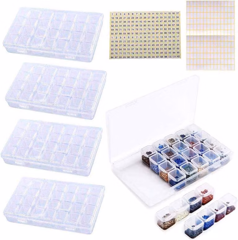 Contenitore in plastica, confezione da 4 pezzi, con 28 scomparti, dimensioni 17,3x10,5x2,6 cm, ideale per piccoli accessori
