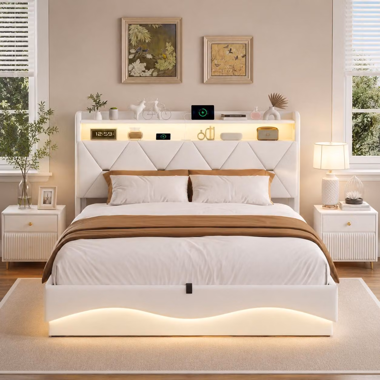 Letto imbottito INONEFT, 140x200 cm, con illuminazione LED e prese USB, contenitore a sollevamento idraulico, letto per ragazzi con contenitore integrato nella testiera, rivestito in velluto color beige