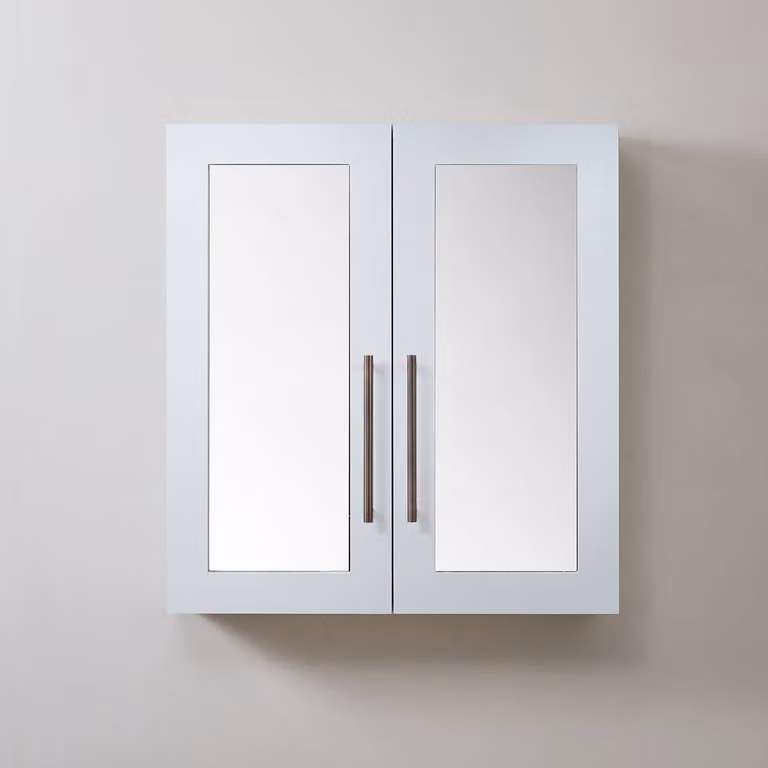 Mobiletto a Specchio da 900mm x 650mm Bianco - Completo di Maniglie con Impugnature a Dito in Bronzo Spazzolato - Cluo
