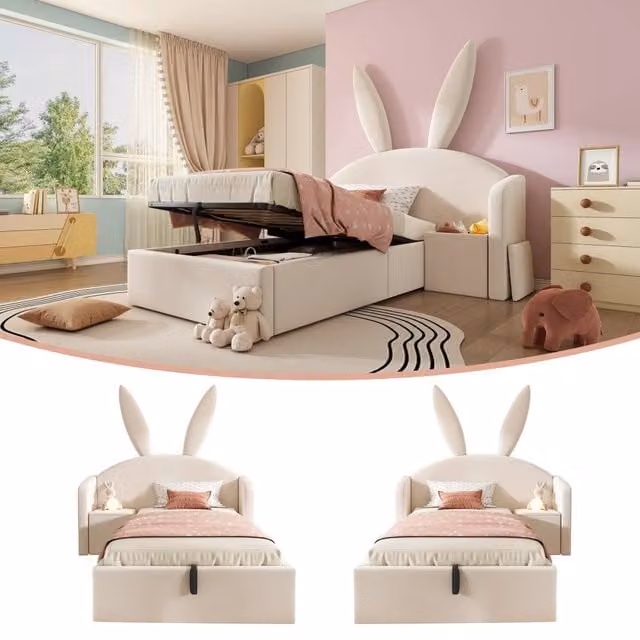 Letto per ragazzi 90x200 cm con contenitore idraulico, comodino e design a orecchie di coniglio, struttura in velluto - Beige (senza materasso)