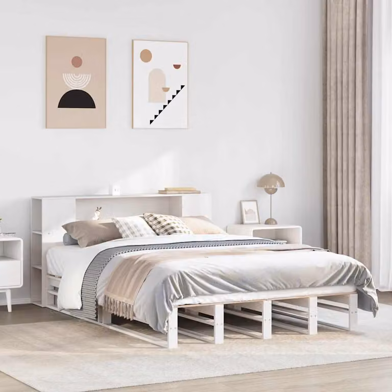 vidaXL Letto con Libreria in Legno di Pino Massello Bianco L 150 x P 200 cm