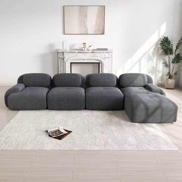Divano angolare 4 posti con chaise longue ¨C Minimal ¨C grigio tessuto imbottito braccioli larghi
