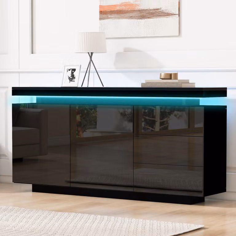 Credenza Merax con LED, cassettiera a 2 ante e 3 cassetti, credenza moderna senza maniglie per soggiorno, nero lucido
