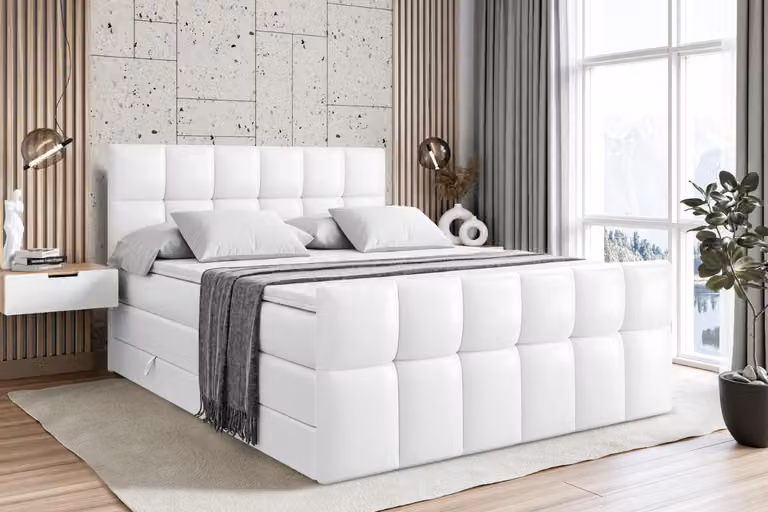 Letto boxspring ALTDECOR con materasso e rete a doghe - RICAR -Z KING - 160x200 cm - Pelle finta bianca - Topper, pediera, letto imbottito con contenitore, letto con vano portaoggetti H3 e H4 - Materasso, letto matrimoniale, letto boxspring