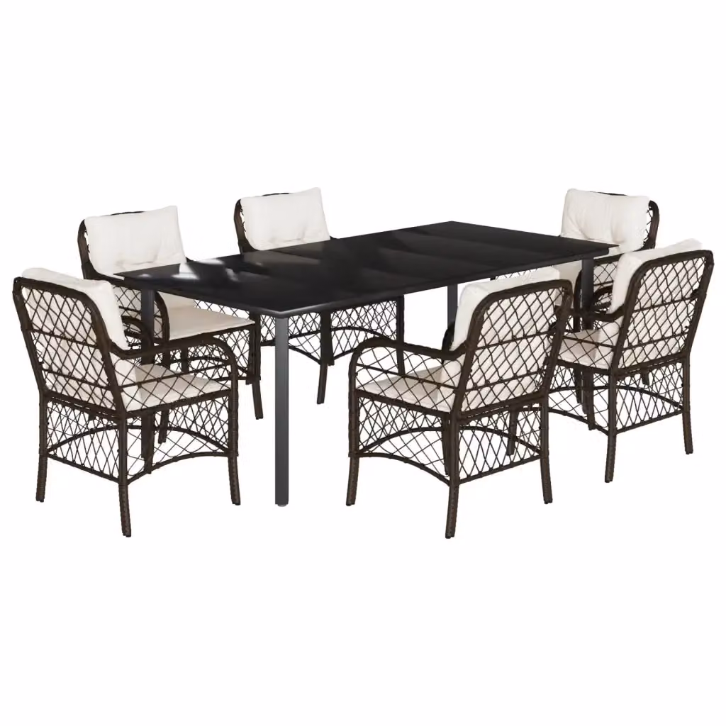 Set da pranzo da giardino vidaXL in polyrattan con piano in vetro, 7 pezzi, marrone, nero e beige – 2