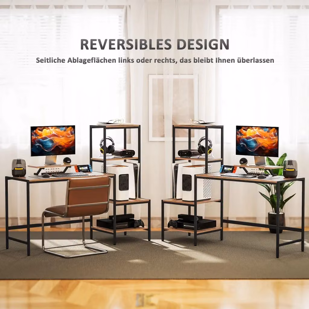 Scrivania PC REDOM Marrone con ripiano monitor e 4 ripiani, L/P/H: 150 x 48 x 125 cm – 2