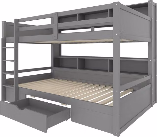 Letto a castello per bambini 90x200 cm con cassetti e ripiani, struttura in legno massello grigio senza materasso