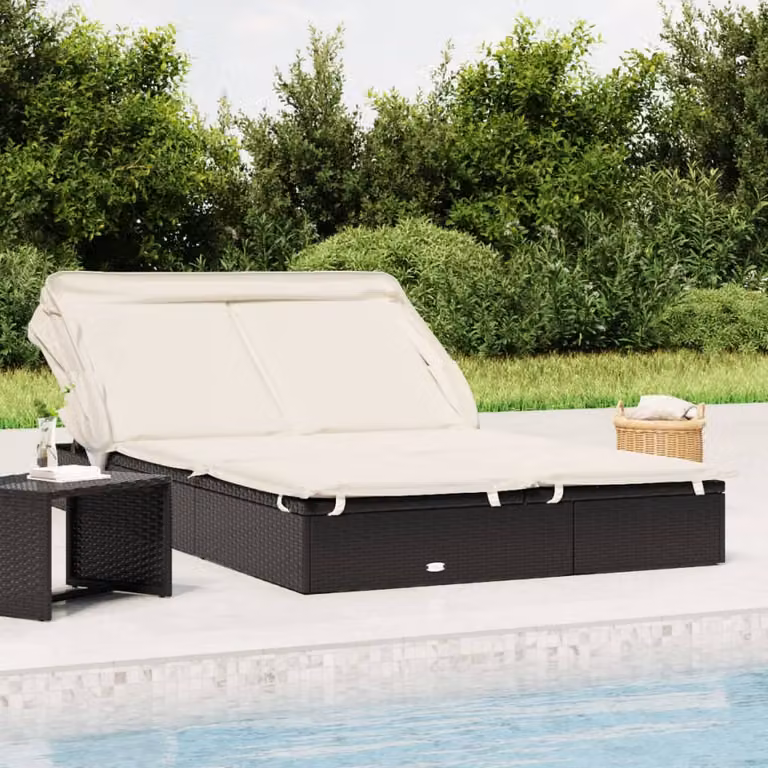 vidaXL Lettino Doppio con Tetto Pieghevole Nero in Polyrattan e Acciaio con Parasole e Poggiatesta Regolabile L: 213 cm, P: 118 cm, H: 97 cm