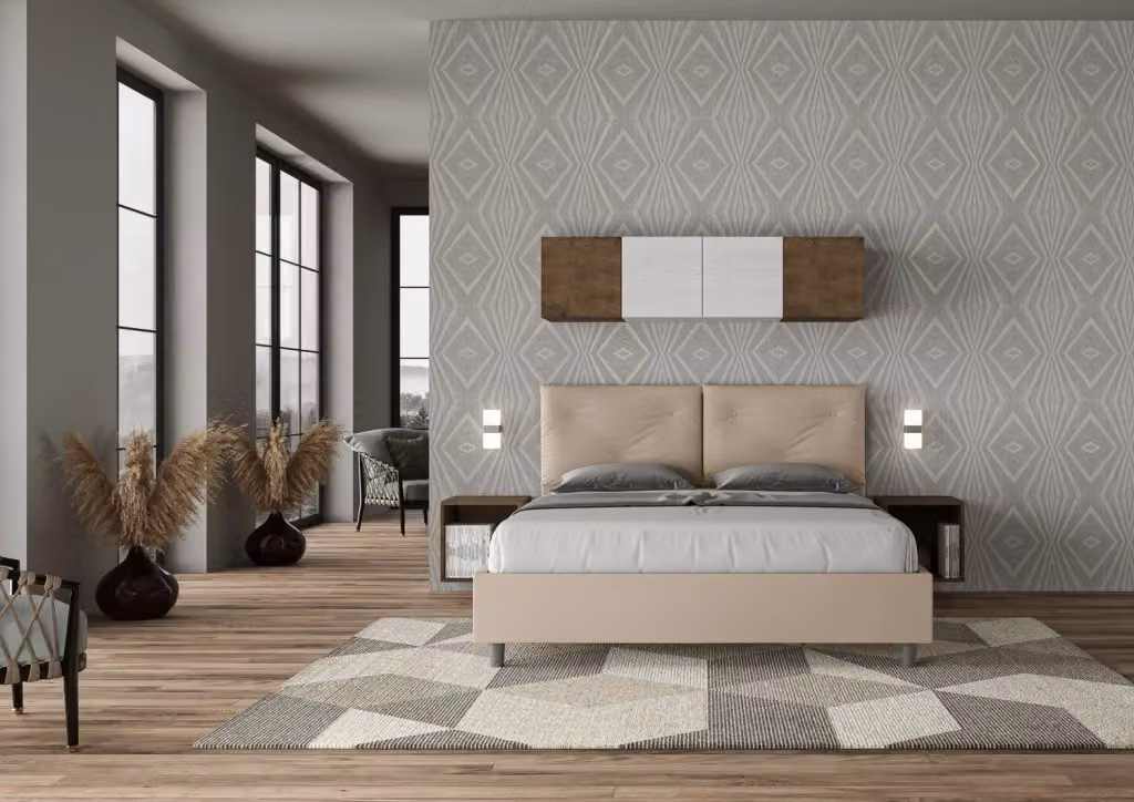 BS COM Letto matrimoniale contenitore con doppia alzata imbottito in similpelle beige L/P/H: 160 x 200 x 175 cm – 2