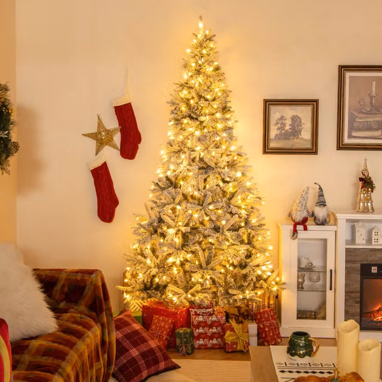 Albero di Natale Pre-illuminato Innevato Costway Verde, Altezza: 180 cm