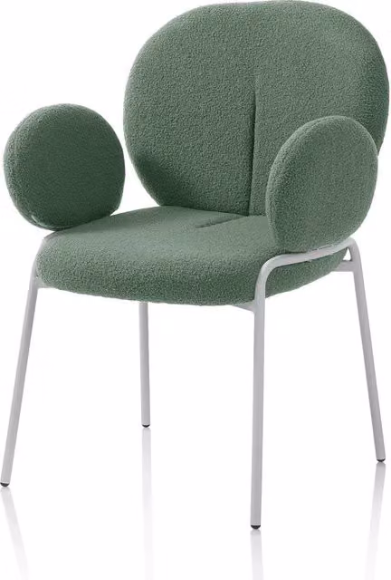 Sedia KURA AQA DESIGN verde e bianca in tessuto bouclé con struttura in metallo opaco