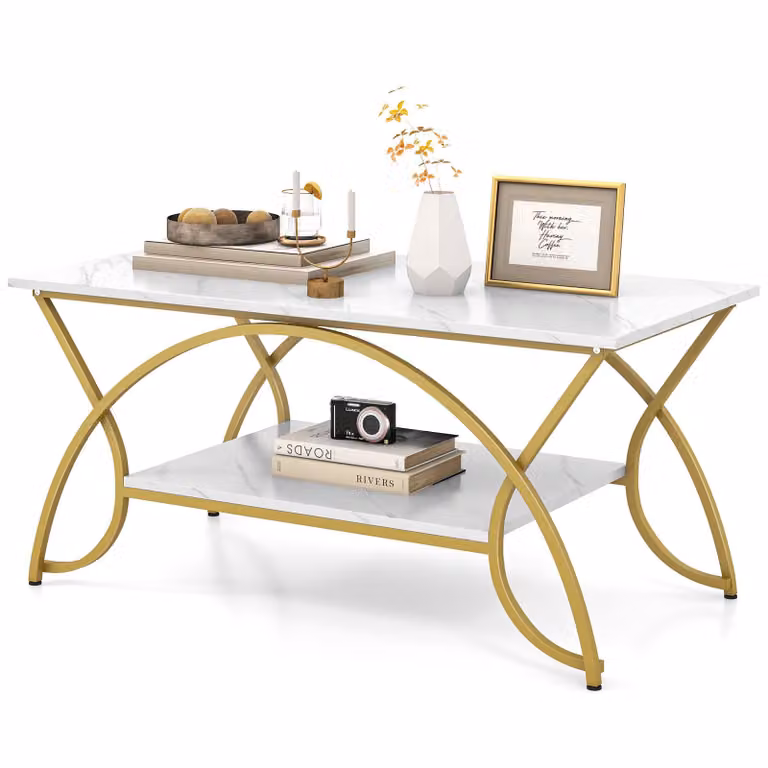 Tavolino da caffè COSTWAY con ripiano, tavolino da divano rettangolare a 2 livelli, tavolino con struttura in marmo artificiale e metallo, per soggiorno, salotto, 100x50x45cm