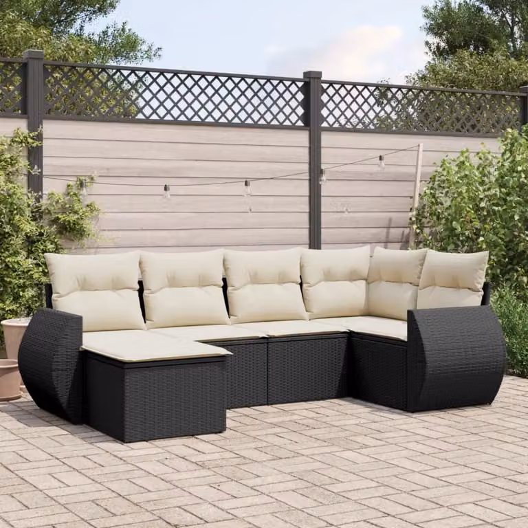 Set Divano da Giardino a L vidaXL 6 pz in Polyrattan Nero con Cuscini e Ottoman