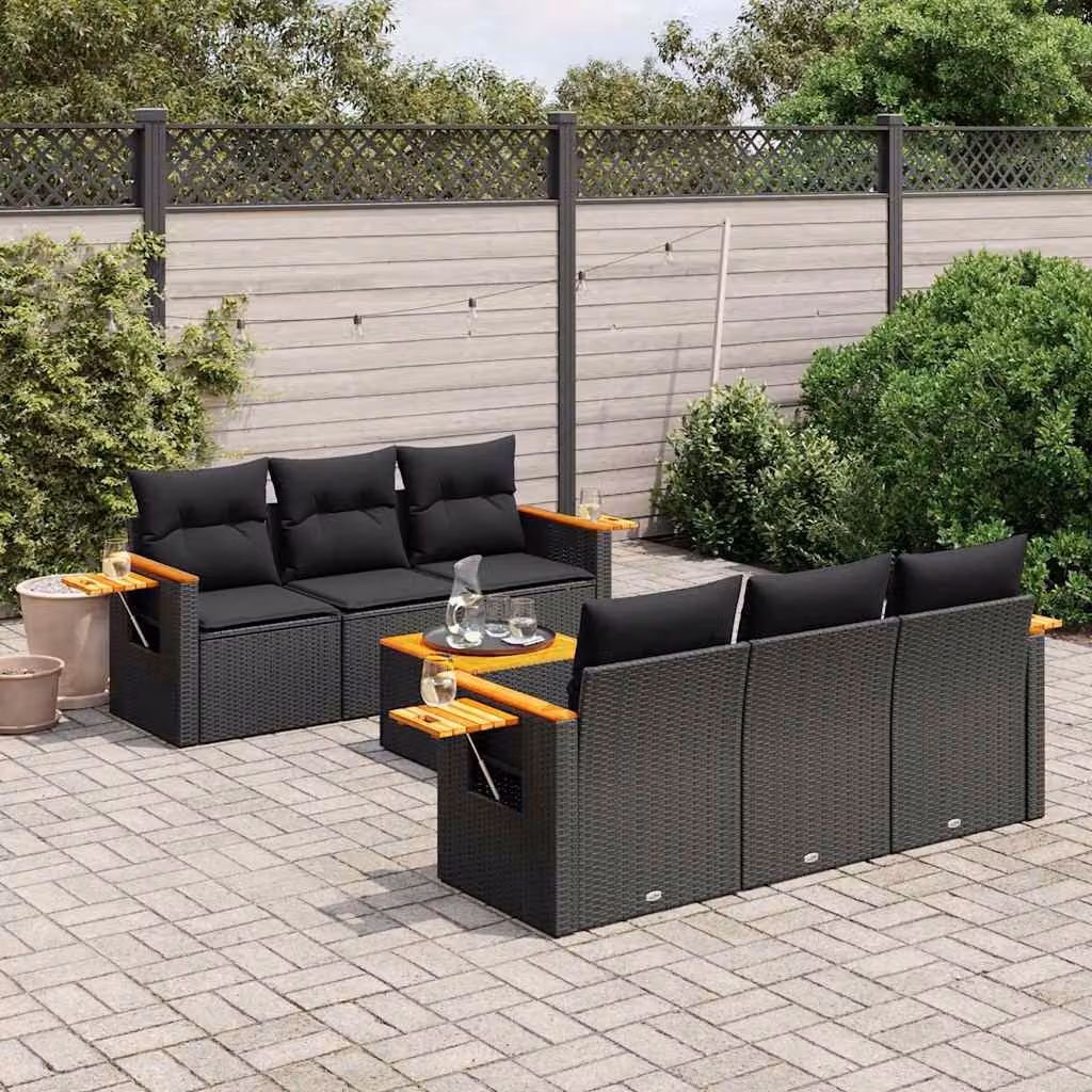 vidaXL Set Divani da Giardino a L con Cuscini 7pz Nero Polyrattan e Tessuto Resistente ai Raggi UV – 1
