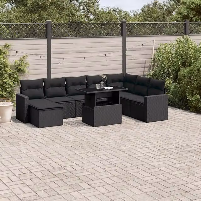 Set Divani da Giardino 9 pz con Cuscini Nero in Polyrattan 3267465