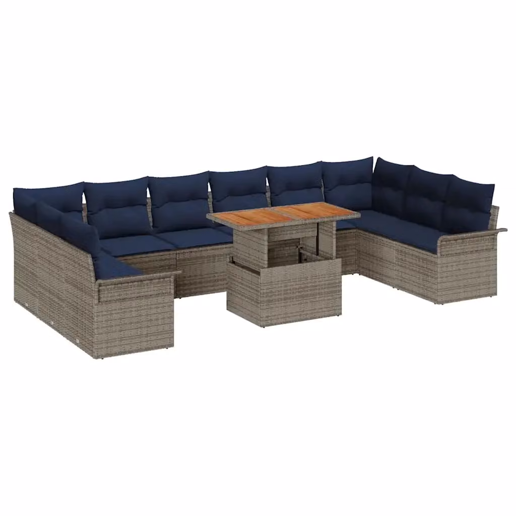 Set Divano da Giardino vidaXL 11 pz a forma a U in Polyrattan Grigio e Blu Navy con Cuscini e Tavolino da Caffè – 2