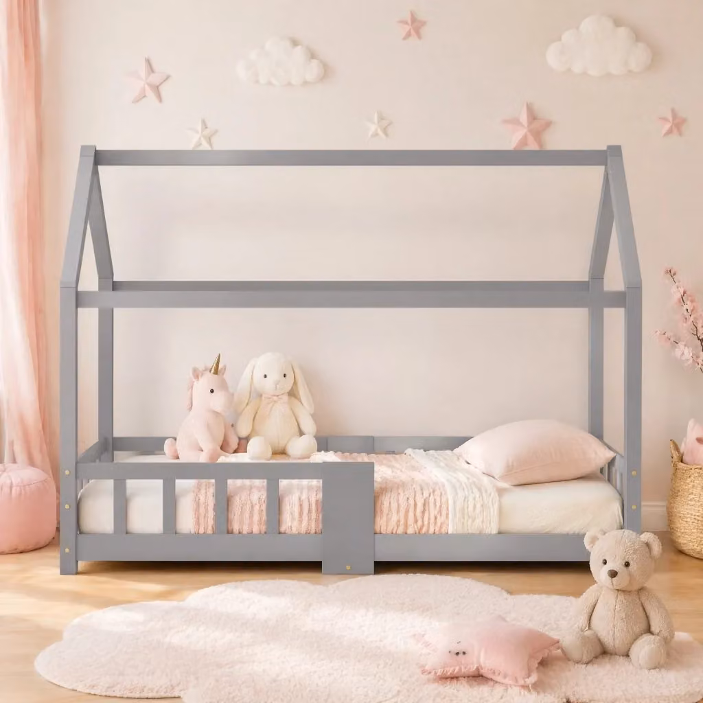 Letto a casetta Mivray per cameretta dei bambini in legno grigio con lavagna, protezione anticaduta e rete a 15 doghe, L/P/H: 200 x 90 x 120 cm – 2
