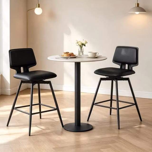 Sgabello da bar girevole set da 2 con schienale ergonomico e poggiapiedi in similpelle metallo nero 45,5 × 45,5 × 89 cm