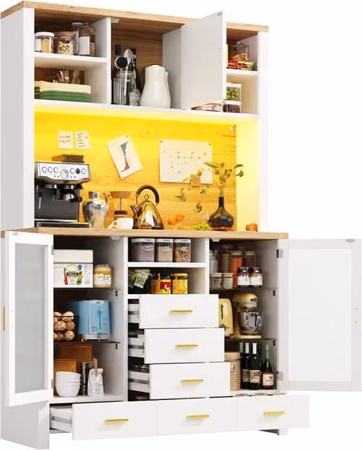 Credenza moderna bianca con ante in vetro e illuminazione LED, cassetti e ripiani interni in MDF e metallo per cucina o soggiorno, L: 120 cm, P: 40 cm, H: 180 cm – 1
