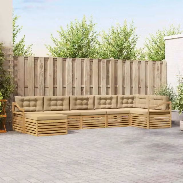 Set di divani da esterno 7 pezzi vidaXL in legno di acacia con cuscini Bianco e Beige