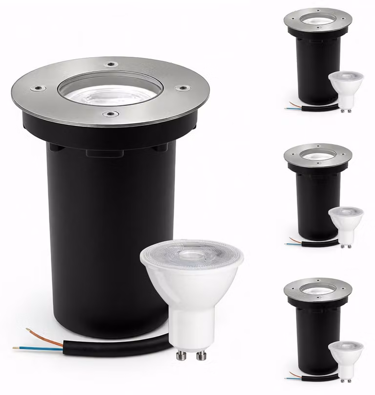 Confezione da 4 faretti da incasso in acciaio inossidabile, grado di protezione IP67 (impermeabili), attacco GU10, 5W, 3000K