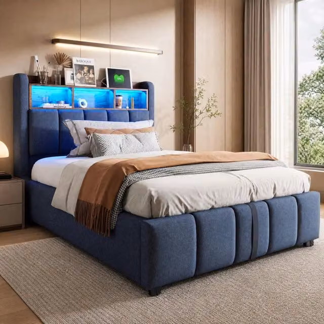 Letto imbottito contenitore 90x200 cm con LED; USB e Type-C; testiera con ripiani; grigio