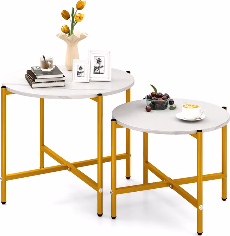 Set di 2 tavolini rotondi COSTWAY, tavolino con struttura in marmo e metallo, tavolino da salotto, tavolino da caffè, set di tavolini da divano, tavolino, bianco + oro