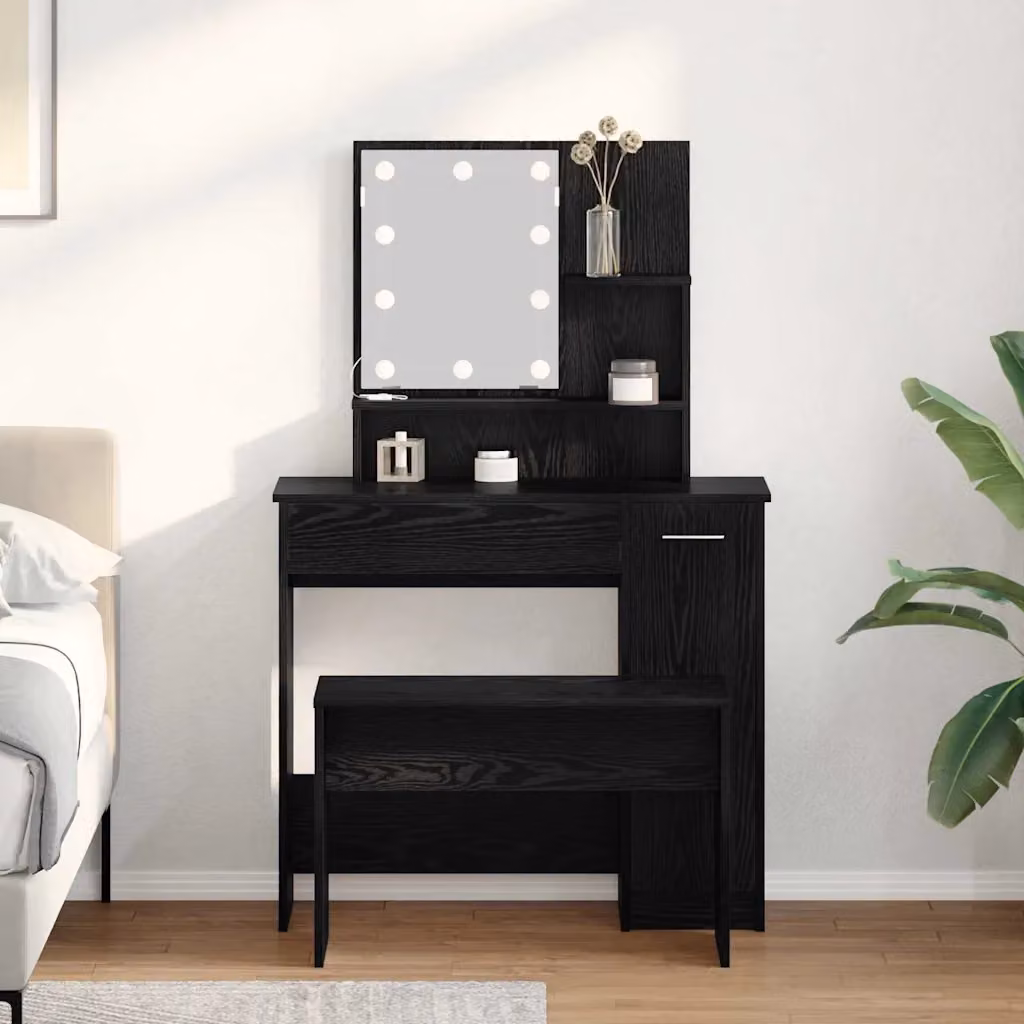 Set da Trucco con LED vidaXL Hollywood, Rovere e Nero, L 86,5 x P 35 x H 136 cm