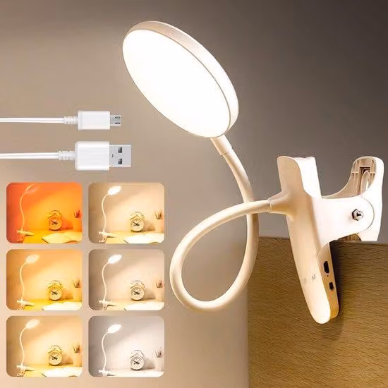 Lampada da lettura LED Unyqoos® per camerette – collo flessibile a forma di cigno a 360°, rivestimento in silicone delicato sulla pelle, dimmerabile, batteria ricaricabile USB da 1800 mAh, morsetto, 36 LED, 6 temperature di colore