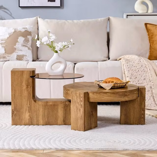 Set 2 tavolini da salotto rotondi separabili Ø 61 cm in MDF e vetro fumé marrone HAVRYA