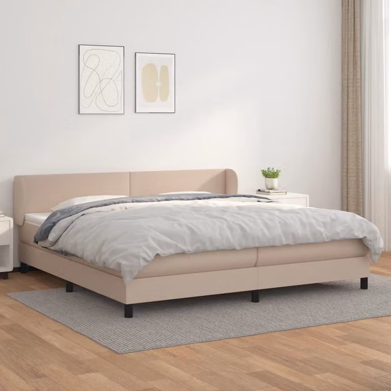 Letto con boxspring e materasso, colore cappuccino, dimensioni 200x200 cm, rivestito in ecopelle