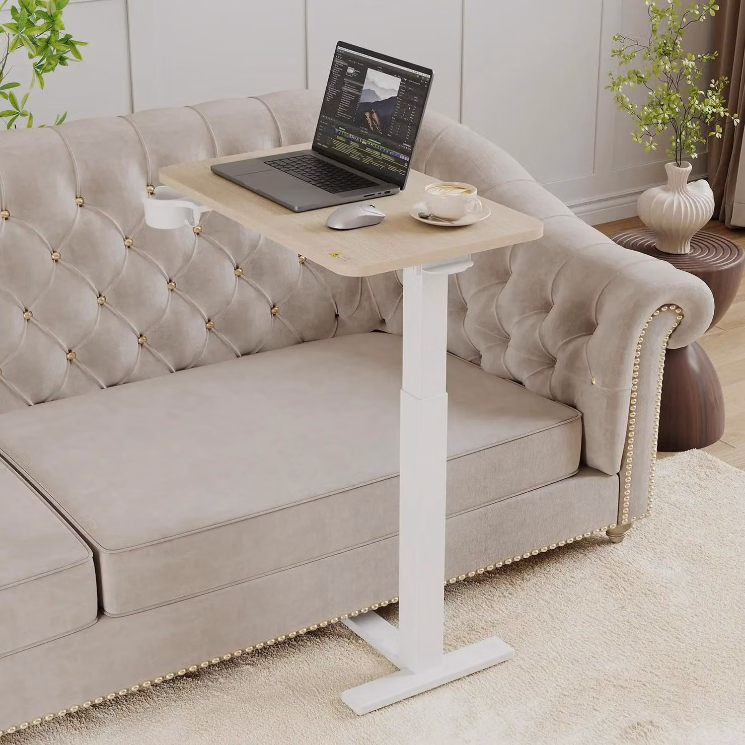 Tavolino laterale – Tavolino a forma di C per divano, con rotelle – Altezza regolabile da 65 a 103 cm – Mobile – Con portabevande – Rettangolare – Colore kaki