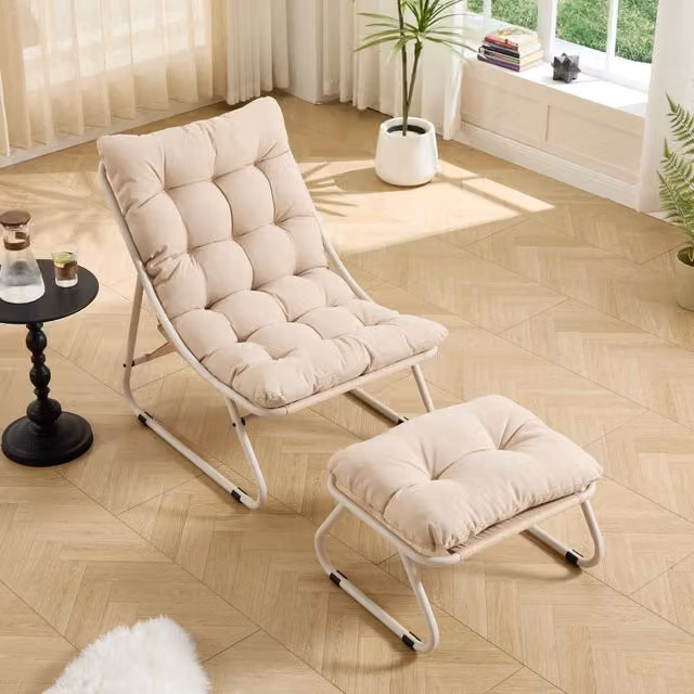 Poltrona da Giardino con Poggiapiedi Relax Senza Braccioli con Cuscino Imbottito e Schienale Aperto per Interni Esterni Acciaio Beige