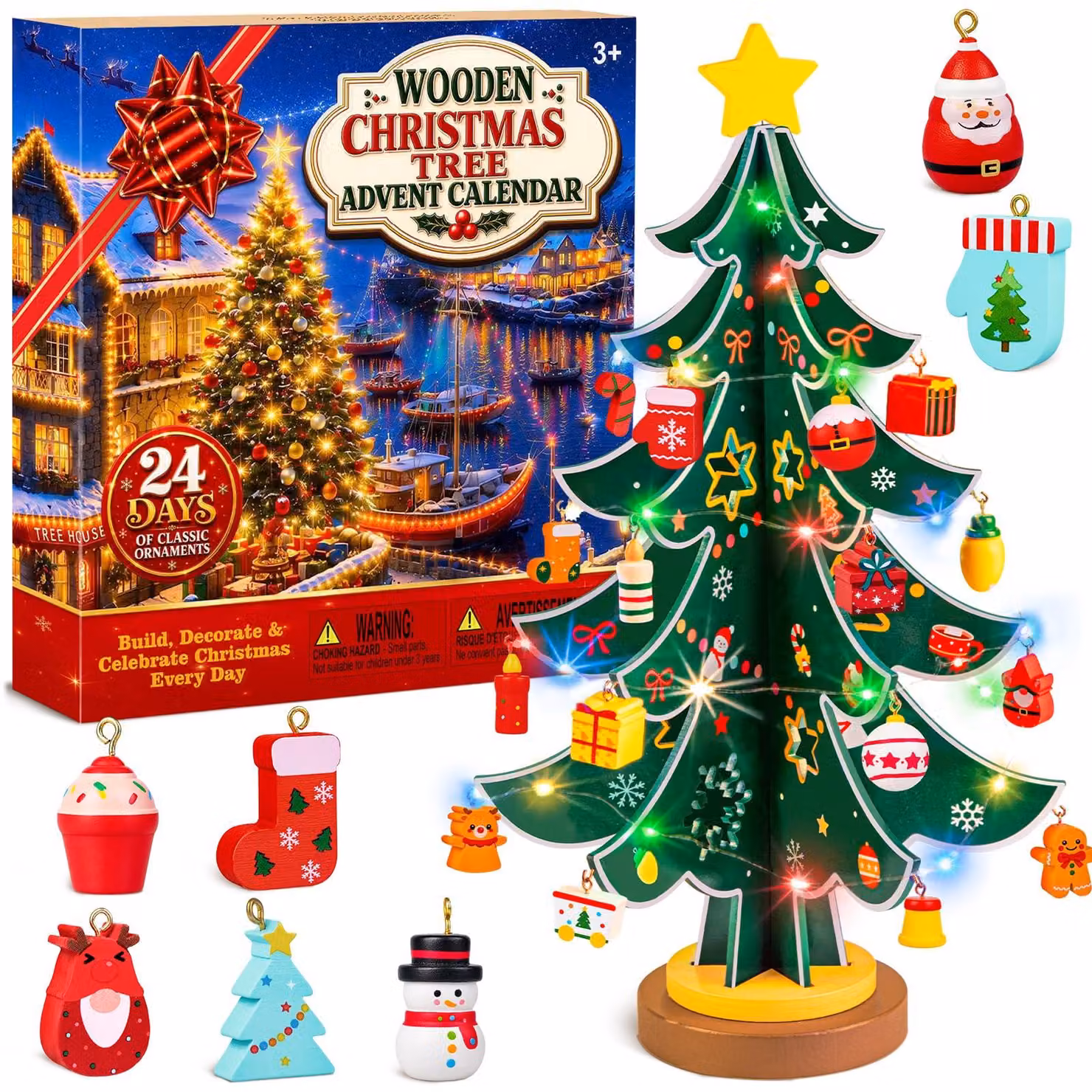 Calendario dell'Avvento a forma di albero di Natale in legno, 24 giorni, da assemblare con luci LED