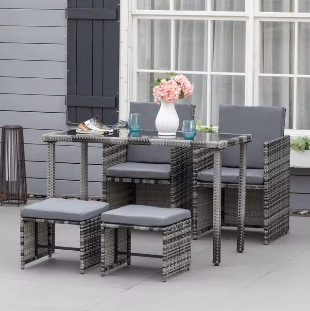 Set da giardino ULEVR 5 pezzi con tavolo in vetro, 2 sedie e 2 sgabelli con cuscini, polyrattan grigio