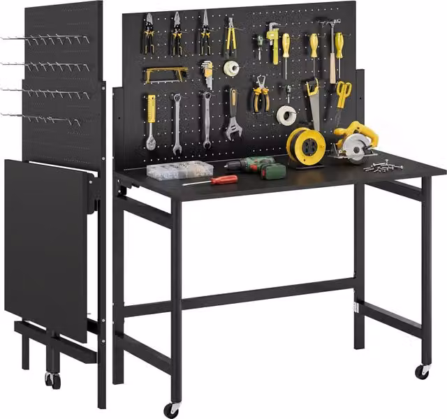 Tavolo da lavoro pieghevole Minimal con ruote e piano forato nero L: 120 cm, P: 60 cm, H: 90 cm