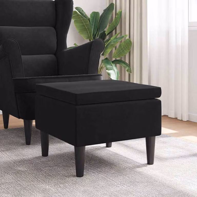 Poggiapiedi vidaXL in Velluto Nero con Gambe in Legno L: 52 cm, P: 42 cm, H: 42 cm
