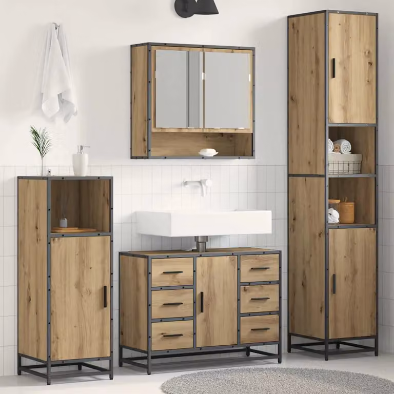 Set di mobili per il bagno vidaXL 3 pezzi in rovere marrone con armadietto a specchio, mobile lavabo e colonna alta