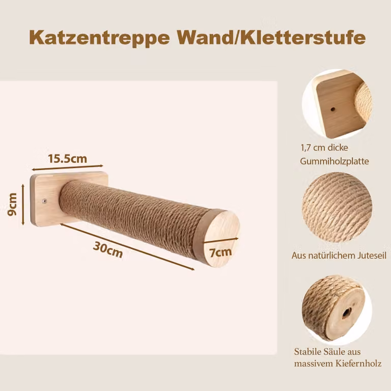 Set Kratzbaum, composto da 2 gradini da parete per gatti, in legno massello, con corda di iuta, capacità massima 15 kg, da fissare alla parete