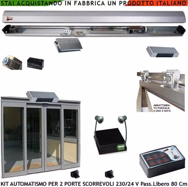 Kit Automazione Securvera per 2 Porte Scorrevoli con Ante da 450 mm, Passaggio Libero 800 mm, Trasmissione a Cinghia, Colore Argento